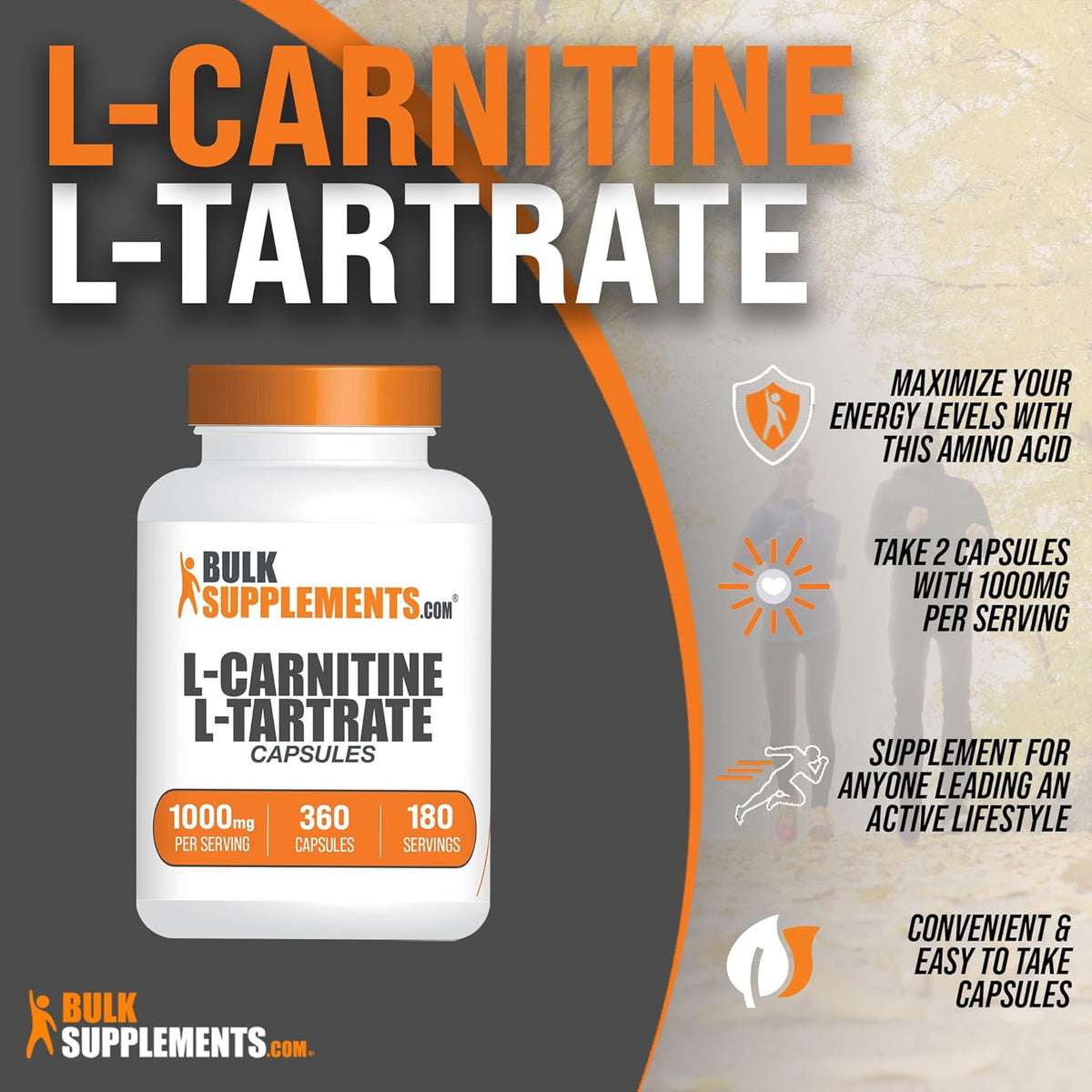 BulkSupplements.com L-Carnitine L-Tartrate Capsules - Carnitine Supplement, L Carnitine 1000mg Capsules - L-Carnitine Tartrate, Gluten Free - 2 Capsules per Serving, 360 Capsules (Pack of 1)
