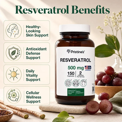 PRISTINE'S Resveratrol 500mg Capsules, 98% Trans-Resveratrol, 150 Count | Healthy aging and antioxidant support from 98% trans-resveratrol. 75 day supply, vegan, non-GMO, gluten-free glass bottle
