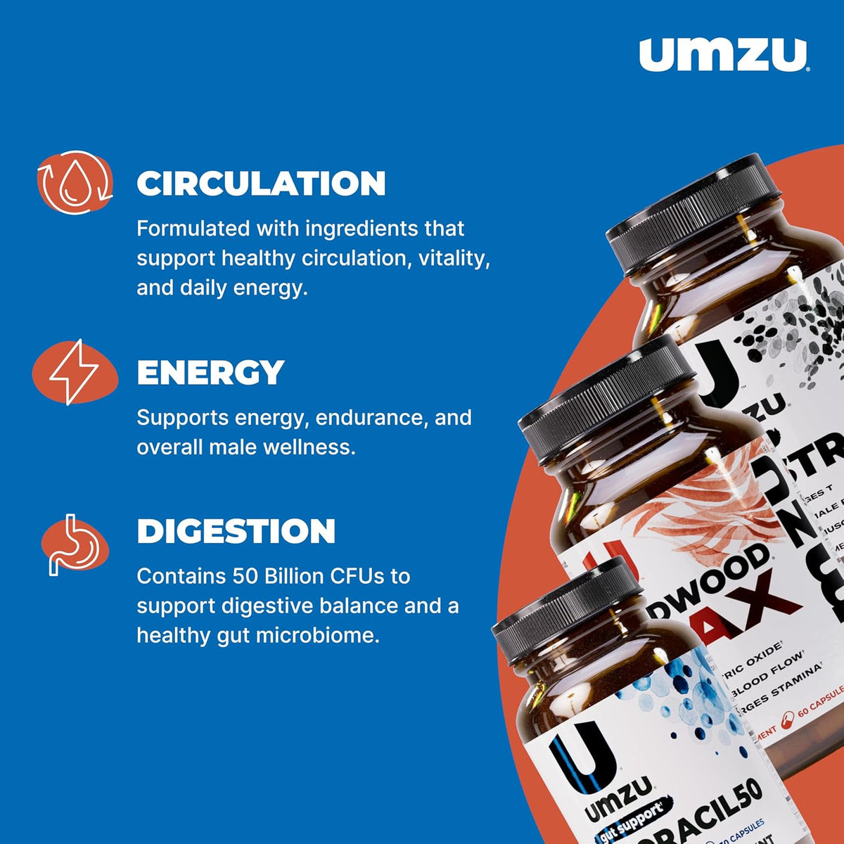 UMZU Redwood Max Floracil50 Testro-X Men’s Wellness Bundle Nitric Oxide Booster Circulation Support Probiotic Gut Health Formula Daily Energy Vitality Stack for Active Lifestyle Routine Support