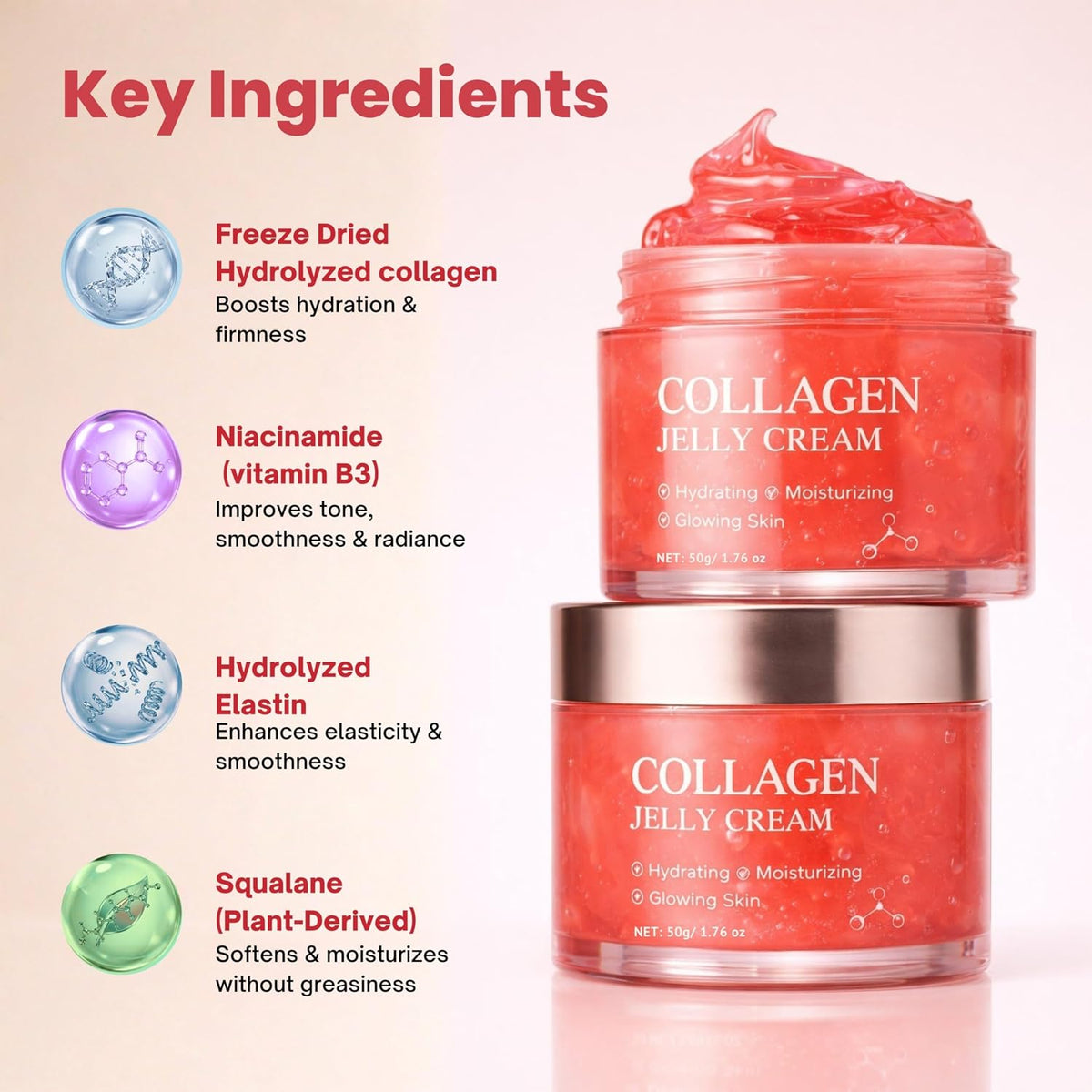 Collagen Jelly Cream — Niacinamide, Elastin & Collagen Moisturizer(1.76 oz) | 24H Glow & Hydration, Lightweight, Freeze-Dried Hydrolyzed Collagen for Skin Barrier Hydration, Plumper & Firmer looking Skin
