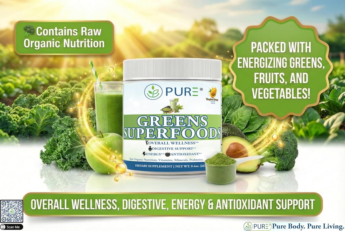 PURE® Greens Superfoods Powder - 30 Servings - 5300mg Raw Organic Greens & 1000mg Antioxidant Blend - with Probiotics & Digestive Enzymes - Wheatgrass, Spirulina & Chlorella - Lemon Lime Flavor