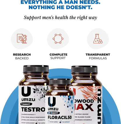 UMZU Redwood Max Floracil50 Testro-X Men’s Wellness Bundle Nitric Oxide Booster Circulation Support Probiotic Gut Health Formula Daily Energy Vitality Stack for Active Lifestyle Routine Support