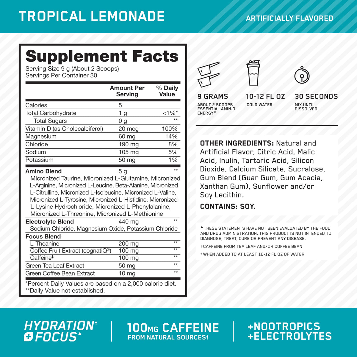 Optimum Nutrition, Amino Energy Powder Plus Focus, with Bcaa, Electrolytes, and Caffeine, Watermelon, 30 Servings | Contains BCAAs, Electrolytes, 100 mg Caffeine, 5g Amino Acids, Zero Sugar, Supports Hydration, Banned Substance Tested