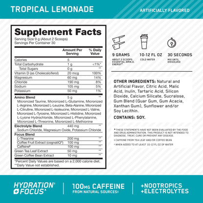 Optimum Nutrition, Amino Energy Powder Plus Focus, with Bcaa, Electrolytes, and Caffeine, Watermelon, 30 Servings | Contains BCAAs, Electrolytes, 100 mg Caffeine, 5g Amino Acids, Zero Sugar, Supports Hydration, Banned Substance Tested