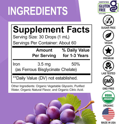 Iron Supplement for Toddlers & Kids - Organic Liquid Iron Drops for Kids, Toddler, Baby, Infant, Toddlers Supplements Ages 1-3 - Organic Vegan Toddler Liquid Drops Supplement, Gluten Free, Non-GMO 2oz