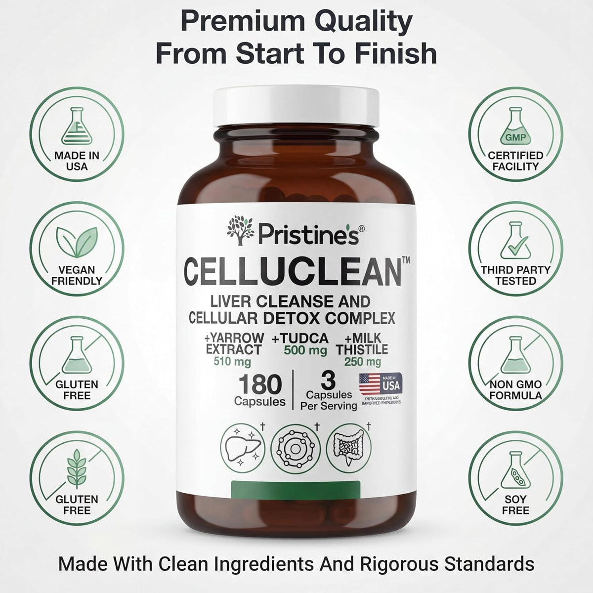 PRISTINE'S CelluClean Liver Support with TUDCA, Milk Thistle, 60 Count | TUDCA, milk thistle and yarrow in a daily liver support routine. Vegan, non-GMO, gluten-free and third-party tested formula