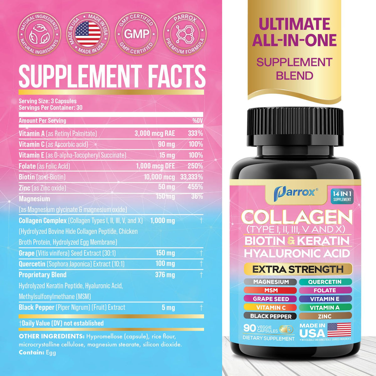 Parrox Collagen Peptides Types I, II, III, V & X, MCG Biotin, Keratin, Hyaluronic Acid, MSM, Zinc, Grape Seed Extract, Quercetin, Vitamin A, Vitamin C,