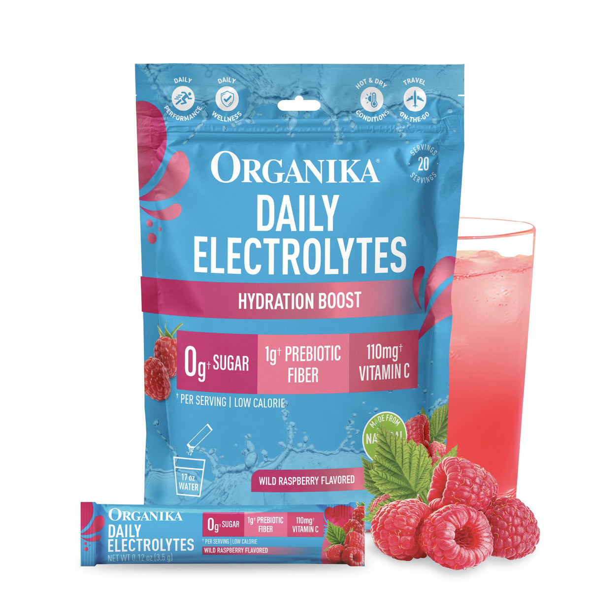 Organika Daily Electrolytes Powder Variety Pack with Vitamin C & Prebiotic Fiber – 21 Single-Serve Sachets (Lemonade, Raspberry, Pineapple Passion Fruit), Sugar-Free, Caffeine-Free