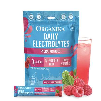 Organika Daily Electrolytes Powder Variety Pack with Vitamin C & Prebiotic Fiber – 21 Single-Serve Sachets (Lemonade, Raspberry, Pineapple Passion Fruit), Sugar-Free, Caffeine-Free