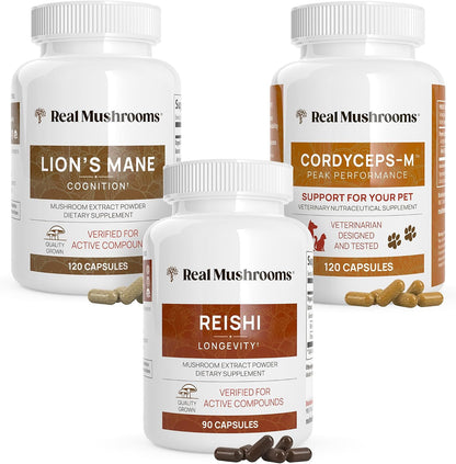 Real Mushrooms Brain, Vitality & Immune Support Bundle - Lion’s Mane Cognition Capsules (120 Capsules) + Reishi 415 Longevity Capsules (90 Capsules) & Cordyceps-M Peak Performance (120 Capsules)