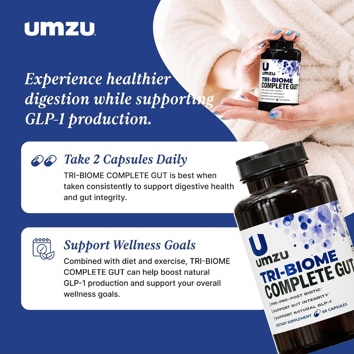 UMZU Tri-Biome Complete Probiotic Capsules, 30 Day Supply | 3-in-1 Probiotic, Prebiotic and Postbiotic Blend, Akkermansia and CoreBiome, Gut Balance, Digestive Health, Adults
