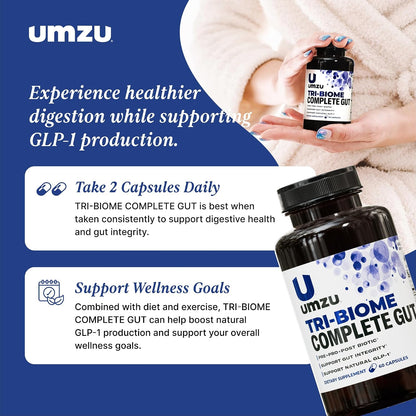 UMZU Tri-Biome Complete Probiotic Capsules, 30 Day Supply | 3-in-1 Probiotic, Prebiotic and Postbiotic Blend, Akkermansia and CoreBiome, Gut Balance, Digestive Health, Adults