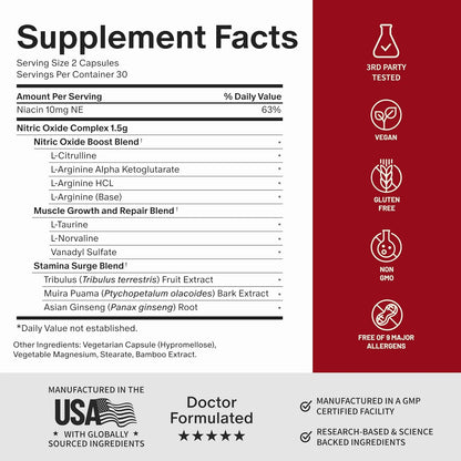 Snap Supplements Nitric Oxide Booster for Men & Women, 60 Vegan Capsules | Nitric Oxide Supplement, L-Citrulline + 3 Forms of L-Arginine for Stamina, Endurance & Circulation, Caffeine-Free Pre-Workout