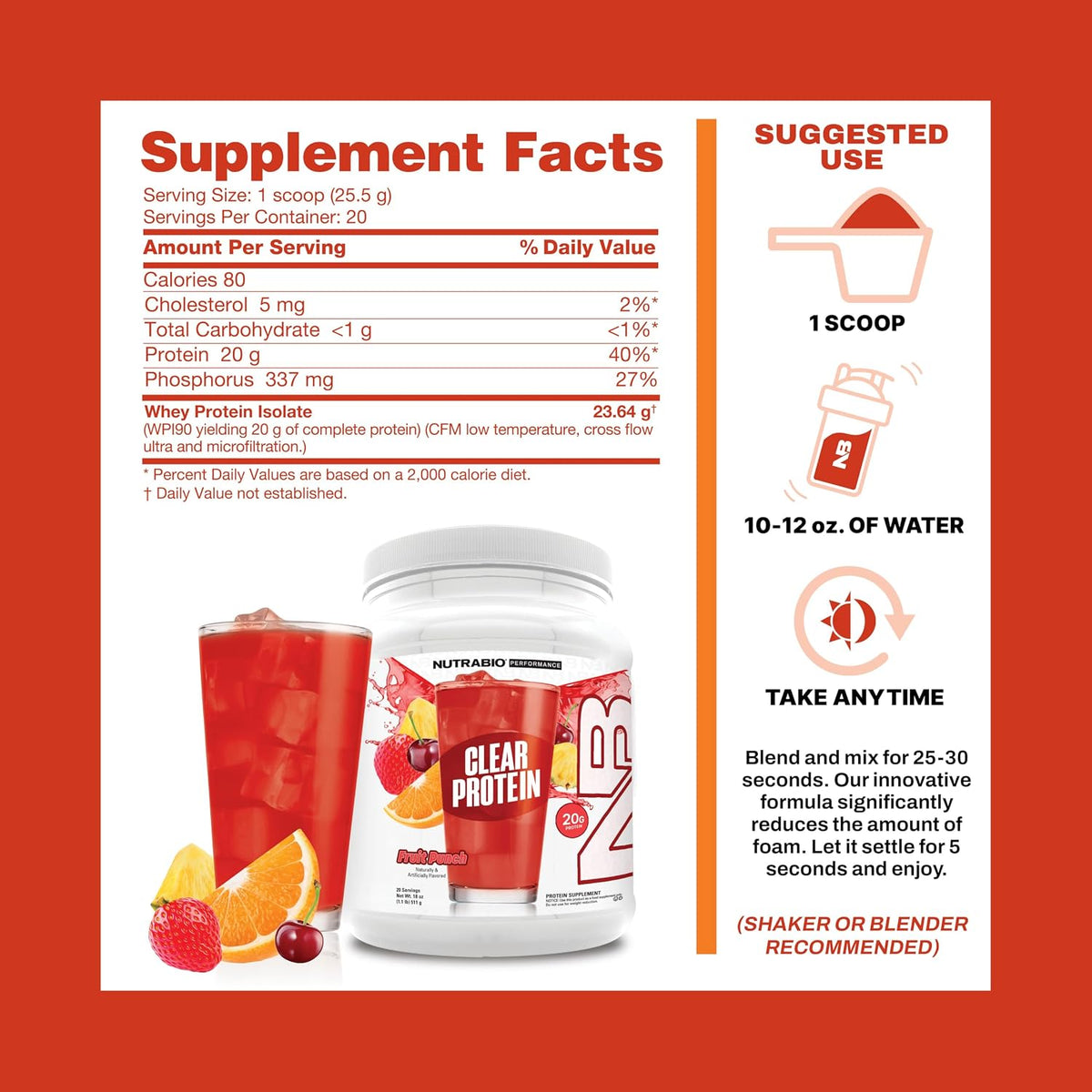 NutraBio Clear Protein Powder, Fruit Punch - 20 Servings, 20g Clear Whey Protein Isolate, 0 Sugar, 0g Lactose, Refreshing Fruit Flavors, GLP1 Support - Bone Health - Muscle Post Workout Recovery
