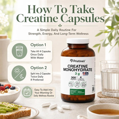 PRISTINE'S NSF Certified Creatine Monohydrate 3g Capsules, 75 Servings | Vegan, non-GMO and gluten-free. NSF Certified creatine capsules with 75 servings and no powder scoop, mixing, grit or flavor