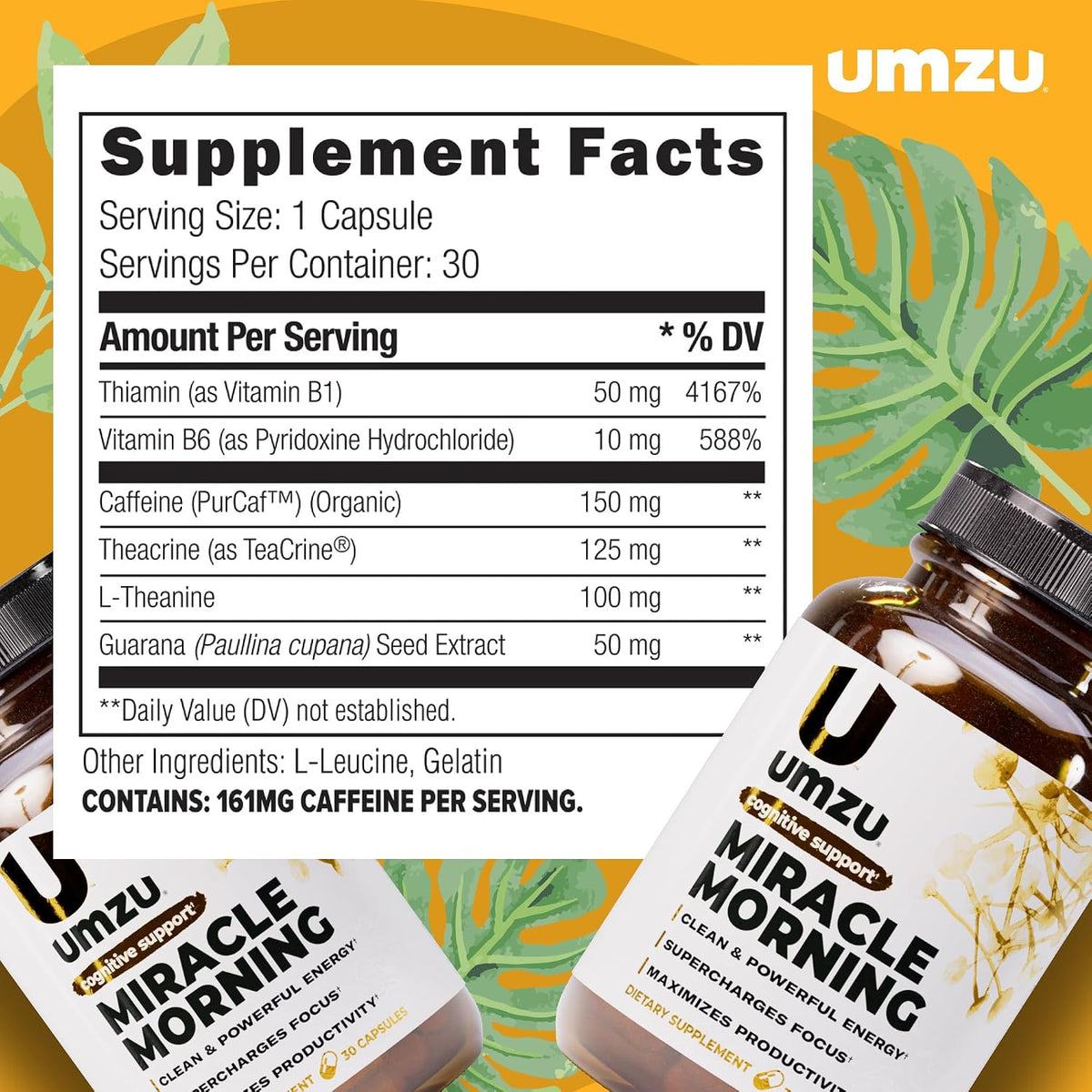 UMZU Miracle Morning Energy Support Supplement, 30 Day Supply | PurCaf Caffeine and Theacrine, Organic Ingredients, Morning Energy, Focus and Mood Support, Daily Energy and Focus Supplement