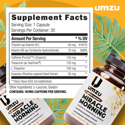 UMZU Miracle Morning Energy Support Supplement, 30 Day Supply | PurCaf Caffeine and Theacrine, Organic Ingredients, Morning Energy, Focus and Mood Support, Daily Energy and Focus Supplement