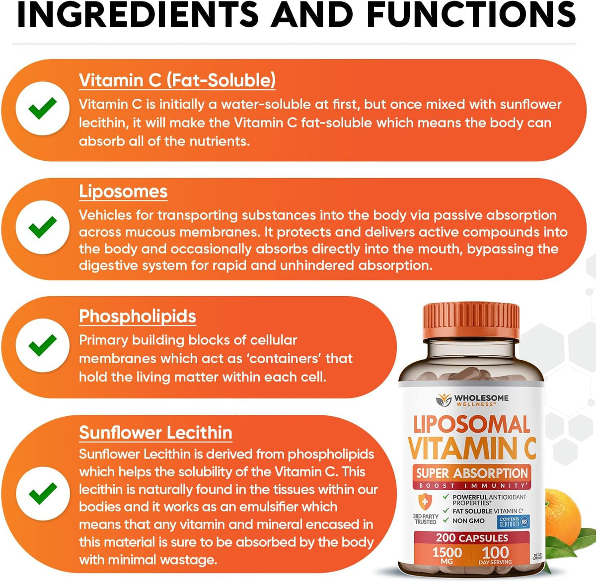 Wholesome Wellness Liposomal Vitamin C Capsules (200 Pills 1500mg Buffered) High Absorption, Immune System & Collagen Booster, High Dose Fat Soluble Immunity Support Ascorbic Acid, Natural Vegan