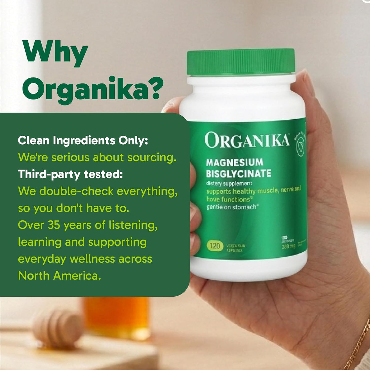 Organika Magnesium Bisglycinate 200 mg – 120 Vegetarian Capsules, Gentle on Stomach Magnesium Supplement to Support Healthy Muscle, Nerve & Bone Function