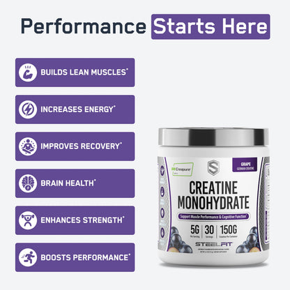 SteelFit Creapure Creatine Monohydrate Powder, Unflavored, 100 Servings | German Creatine Powder for Men, Women - Gym Workout Nutritional Supplements for Muscle Gain, Brain Health & Strength Building