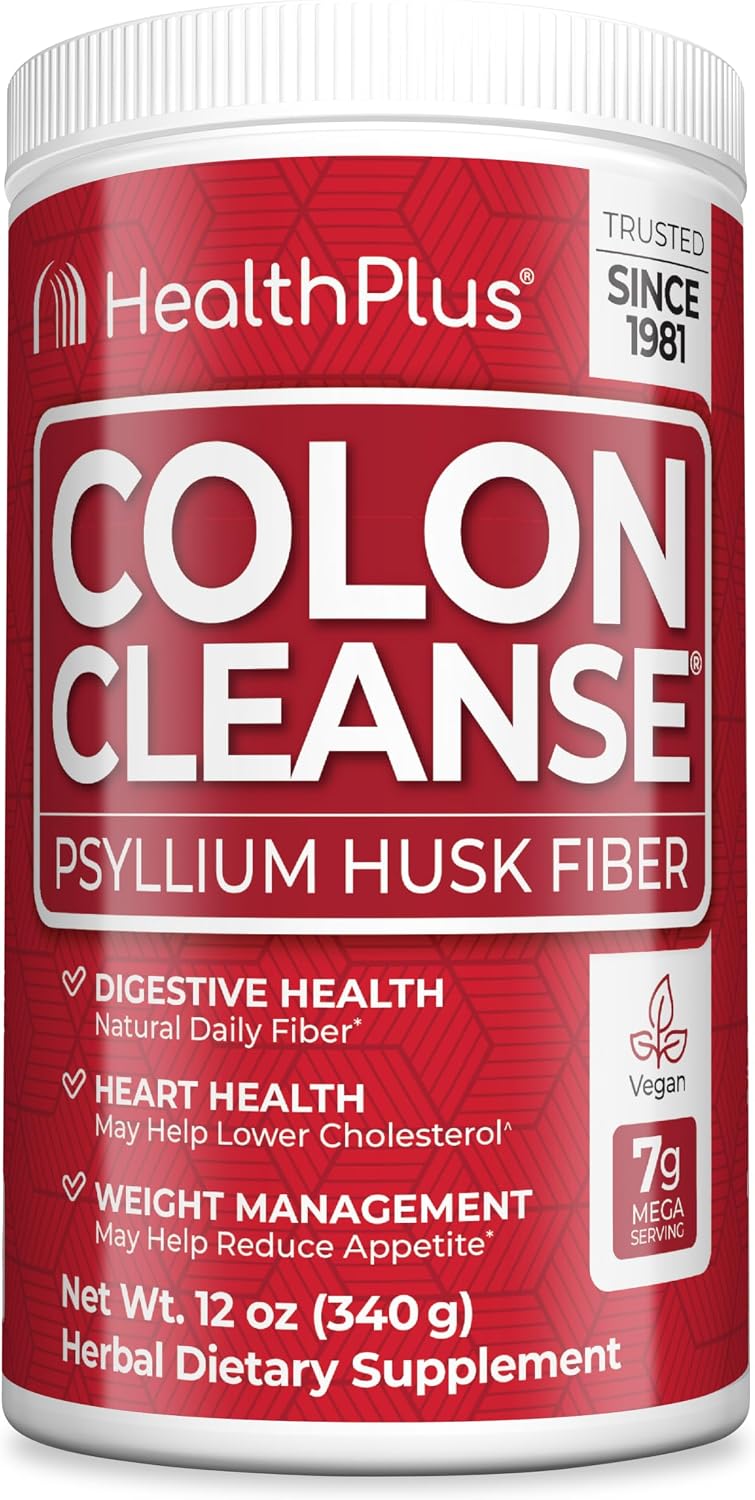 Health Plus Colon Cleanse Psyllium Husk Fiber Powder, 12 oz, 48 Servings | Gluten free daily fiber powder; supports the body's natural detoxification process, regularity, and digestive wellness