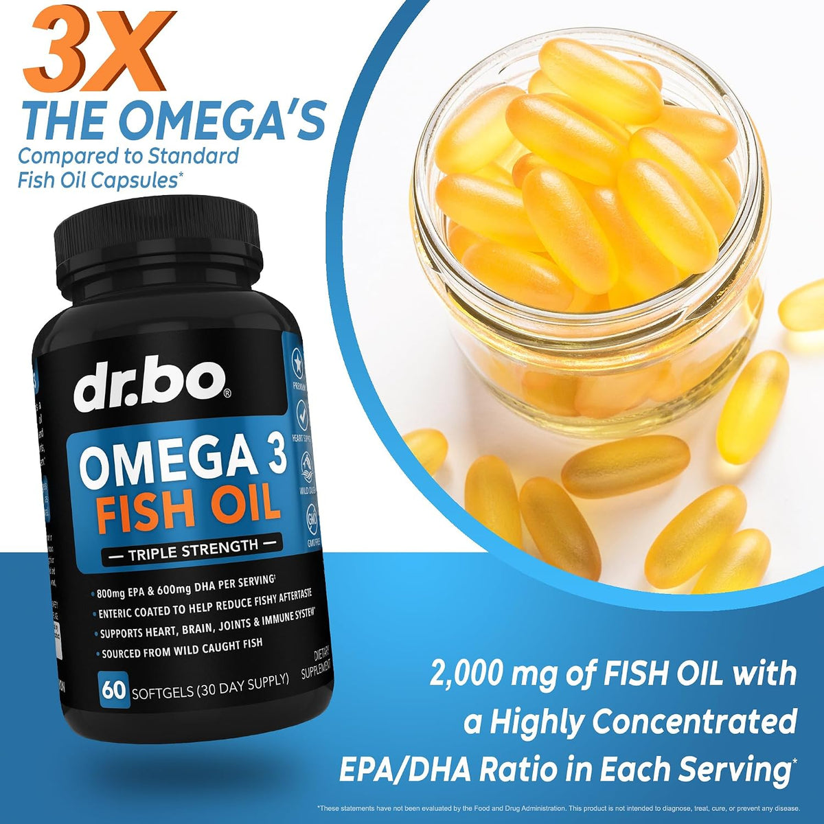 Omega 3 Fish Oil Supplements - Triple Strength Fish Oil Omega 3 Supplements 2000mg EPA DHA Women Men - Triple Strength Natural Omega3 Supplement 2000mg EPA DHA Fatty Acids 1000mg Burpless 60 Softgels