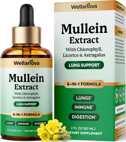 Mullein Drops for Lungs - Mullein Leaf Extract Supplement | for Women & Men, 6-in-1 Lung Detox And Bronchial Cleanse For Smokers, Respiratory Health Support, 2 Fl Oz