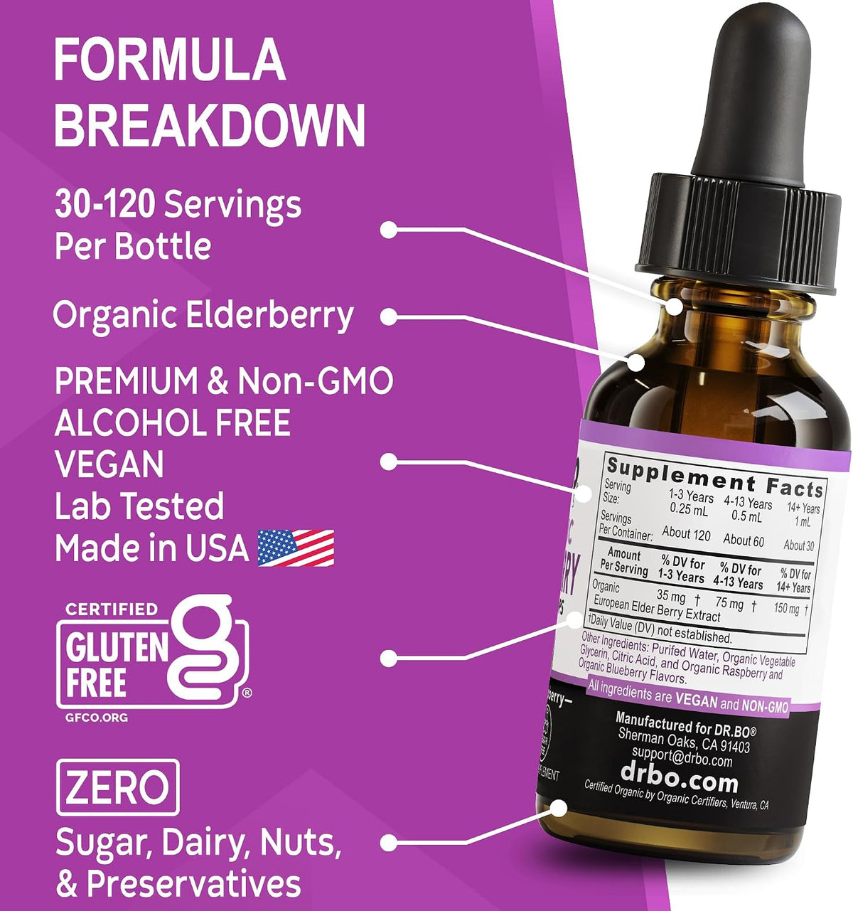 Elderberry Syrup Organic Liquid Drops - Sugar Free Immune Support Supplement for Adults & Kids, Ages 1 Immune Booster - Pure Organic Elderberry Syrup Liquid Drops Tincture Extract Concentrate 1 Fl Oz
