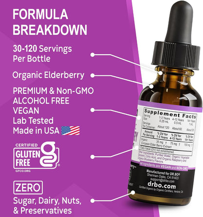 Elderberry Syrup Organic Liquid Drops - Sugar Free Immune Support Supplement for Adults & Kids, Ages 1 Immune Booster - Pure Organic Elderberry Syrup Liquid Drops Tincture Extract Concentrate 1 Fl Oz