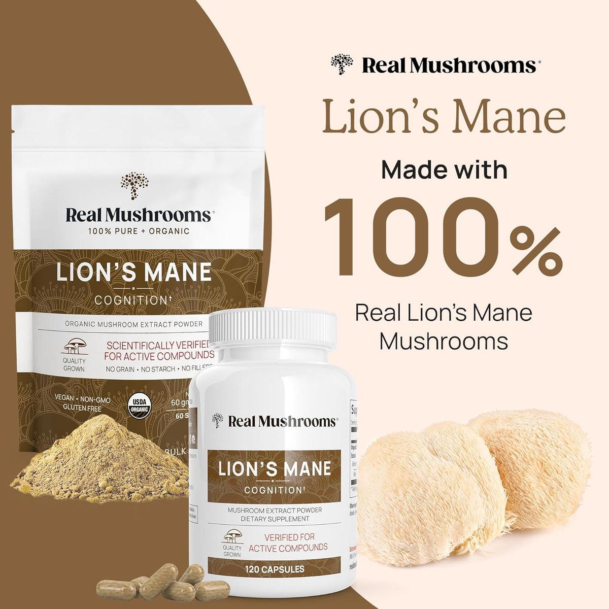 Lions Mane (60g) and Cordyceps (60g) Mushroom Extract Powder Bundle - Mushroom Supplement for Cognition, Energy and Endurance