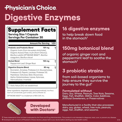 Physician's CHOICE Digestive Enzymes for Bloating & Digestion - Fast-Acting 16 Enzyme Formula with Organic Prebiotics & Probiotics for Gut & Digestive Health - Meal Time Discomfort Relief - 30 CT