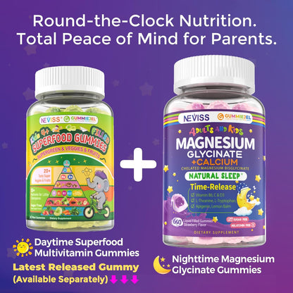 Neviss Magnesium Glycinate + Calcium Filled Gummies for Adults and Kids 4+, Kids Sleep Gummies Melatonin Free, Sugar Free Magnesium Supplement with B6 D3, L-Theanine for Zzz & Relax, Brain,Bone,Muscle