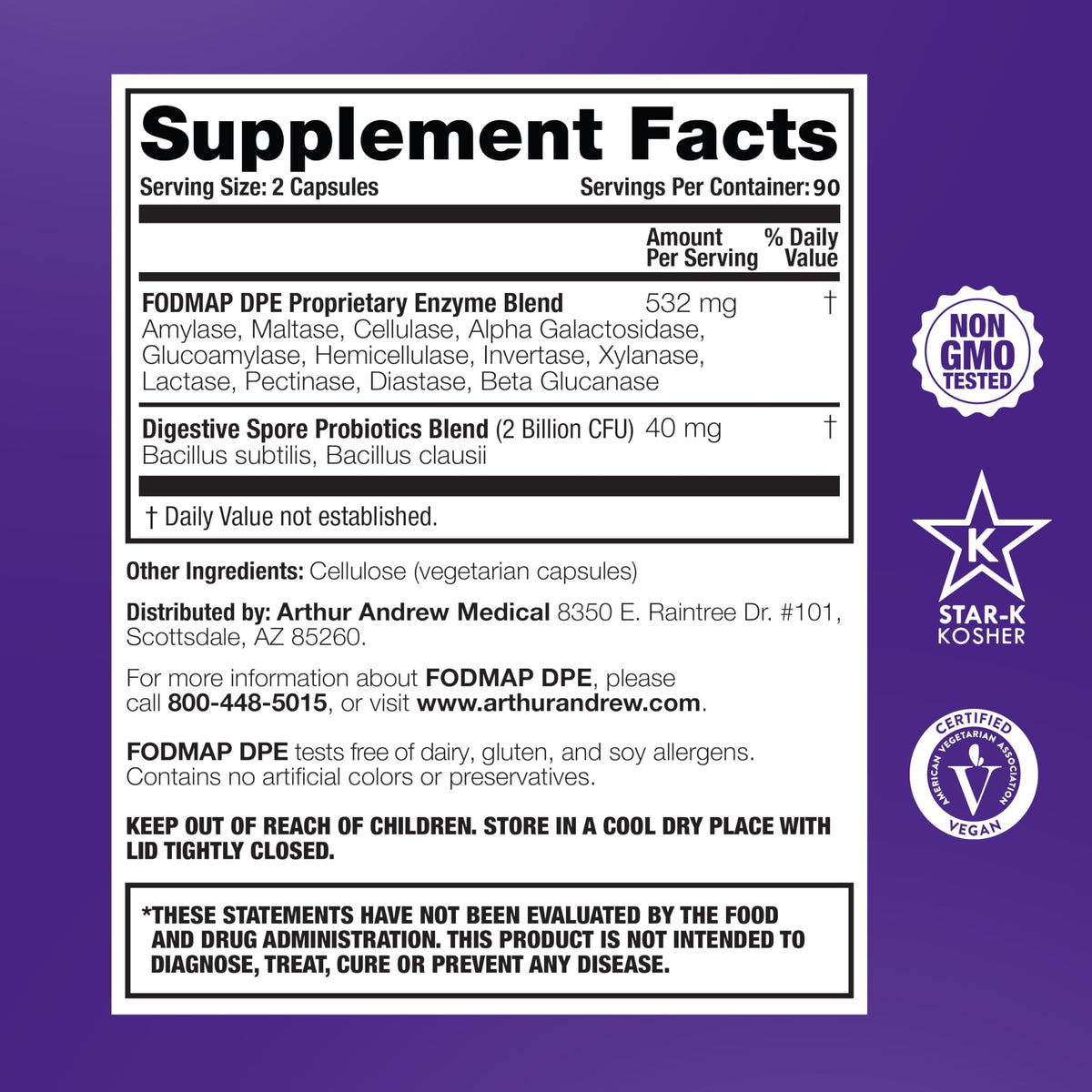 Arthur Andrew Medical, FODMAP DPE, Digestive Enzymes, 60 Capsules | Digestive Enzymes, & Probiotics For FODMAP Intolerance & The Digestion Of Fermentable Foods. Vegan, Non-GMO