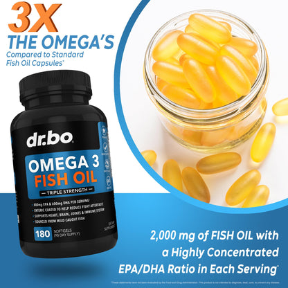 Omega 3 Fish Oil Supplements - Triple Strength Fish Oil Omega 3 Supplements 2000mg EPA DHA Women Men - Triple Strength Natural Omega3 Supplement 2000mg EPA DHA Fatty Acids 1000mg Burpless 60 Softgels