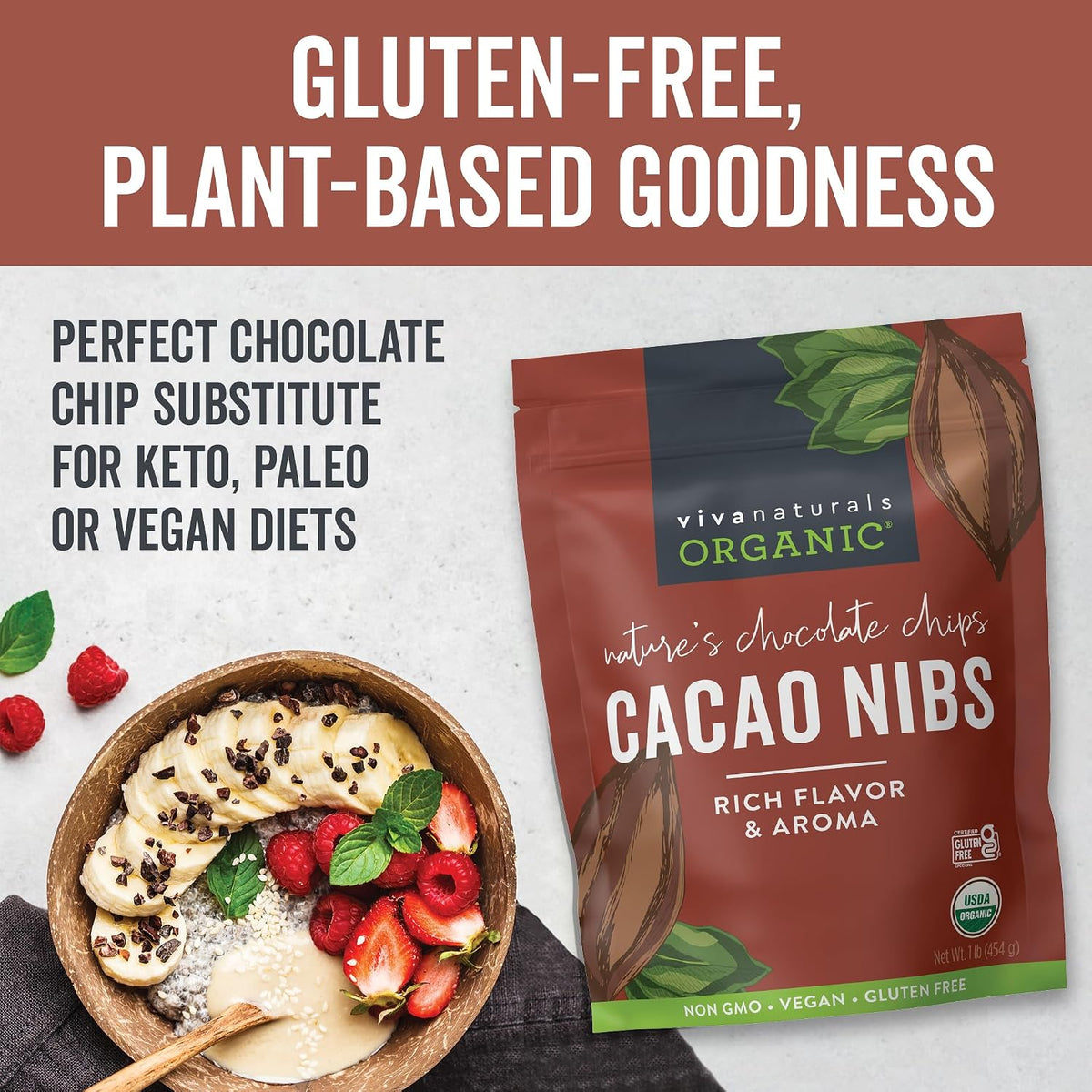 Viva Naturals Organic Cacao Nibs, Unsweetened, 1 LB (454 g), Keto Friendly, Vegan, Non-GMO, Gluten-Free Crunchy Chocolate Chip Substitute