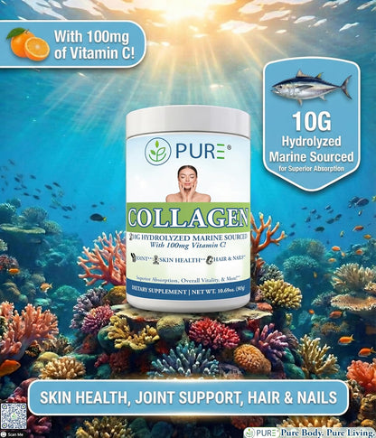 PURE® Hydrolyzed Marine Collagen Powder - 10g Collagen per Serving - 30 Servings Unflavored - with 100mg Vitamin C for Maximum Absorption - Skin, Hair, Nail & Joint Support - Non-GMO, Made in USA