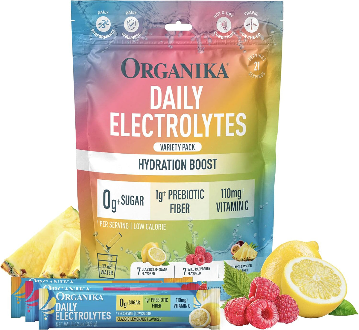 Organika Daily Electrolytes Powder Variety Pack with Vitamin C & Prebiotic Fiber – 21 Single-Serve Sachets (Lemonade, Raspberry, Pineapple Passion Fruit), Sugar-Free, Caffeine-Free