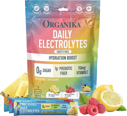 Organika Daily Electrolytes Powder Variety Pack with Vitamin C & Prebiotic Fiber – 21 Single-Serve Sachets (Lemonade, Raspberry, Pineapple Passion Fruit), Sugar-Free, Caffeine-Free