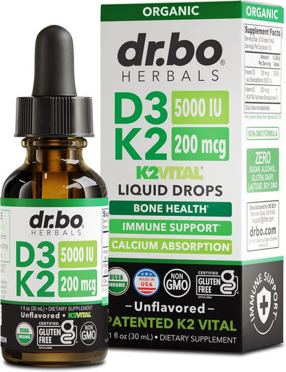 Vitamin D3 K2 Liquid Drops - Organic D3K2 Vitamin D3 K2 Drops Liquid Supplement MCT Oil for Adults & Kids, Calcium Absorption Strong Bones - Vit D and K 5000 IU Supplements, Vitamins D + K MK7 1 Fl Oz