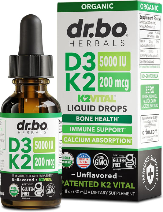 Vitamin D3 K2 Liquid Drops - Organic D3K2 Vitamin D3 K2 Drops Liquid Supplement MCT Oil for Adults & Kids, Calcium Absorption Strong Bones - Vit D and K 5000 IU Supplements, Vitamins D + K MK7 1 Fl Oz
