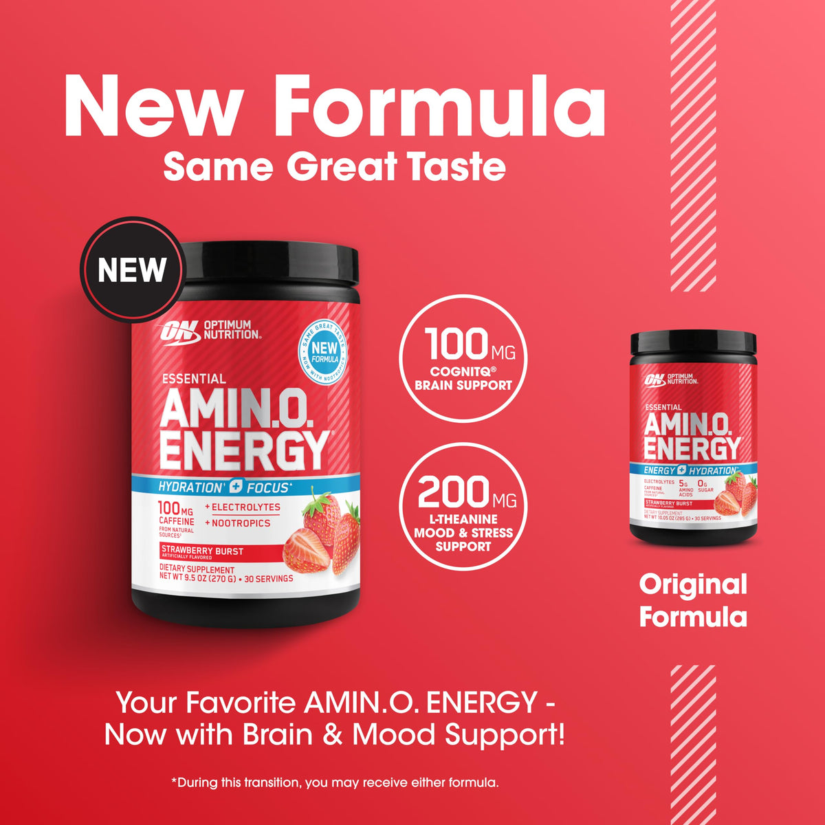 Optimum Nutrition, Amino Energy Powder Plus Focus, with Bcaa, Electrolytes, and Caffeine, Watermelon, 30 Servings | Contains BCAAs, Electrolytes, 100 mg Caffeine, 5g Amino Acids, Zero Sugar, Supports Hydration, Banned Substance Tested