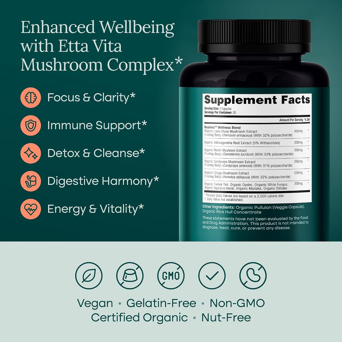USDA Organic Lions Mane Supplement Capsule, 11-in1 Mushroom Complex 90ct | 10x adaptogenic mushroom supplement with ashwagandha, chaga, reishi, cordyceps, turkey tail, support energy, focus & immunity