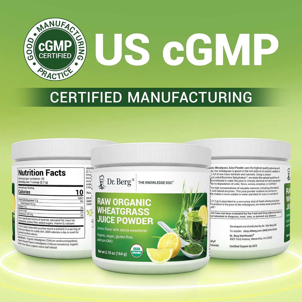 Dr. Berg USDA Certified Organic Green Powder Superfood (60 Servings) - Made with Raw Wheatgrass, Chlorophyll, Trace Minerals & Natural Enzymes - Non-GMO Green Superfood Powder - Lemon Flavor