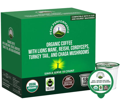 Organic Mushroom Coffee Pods with Lion's Mane, Reishi, Cordyceps, Turkey Tail, and Chaga Mushrooms. High Altitude, Low Acid, Smooth Tasting, Fair Trade, Instant Nootropic Coffee (Medium Roast Ground)
