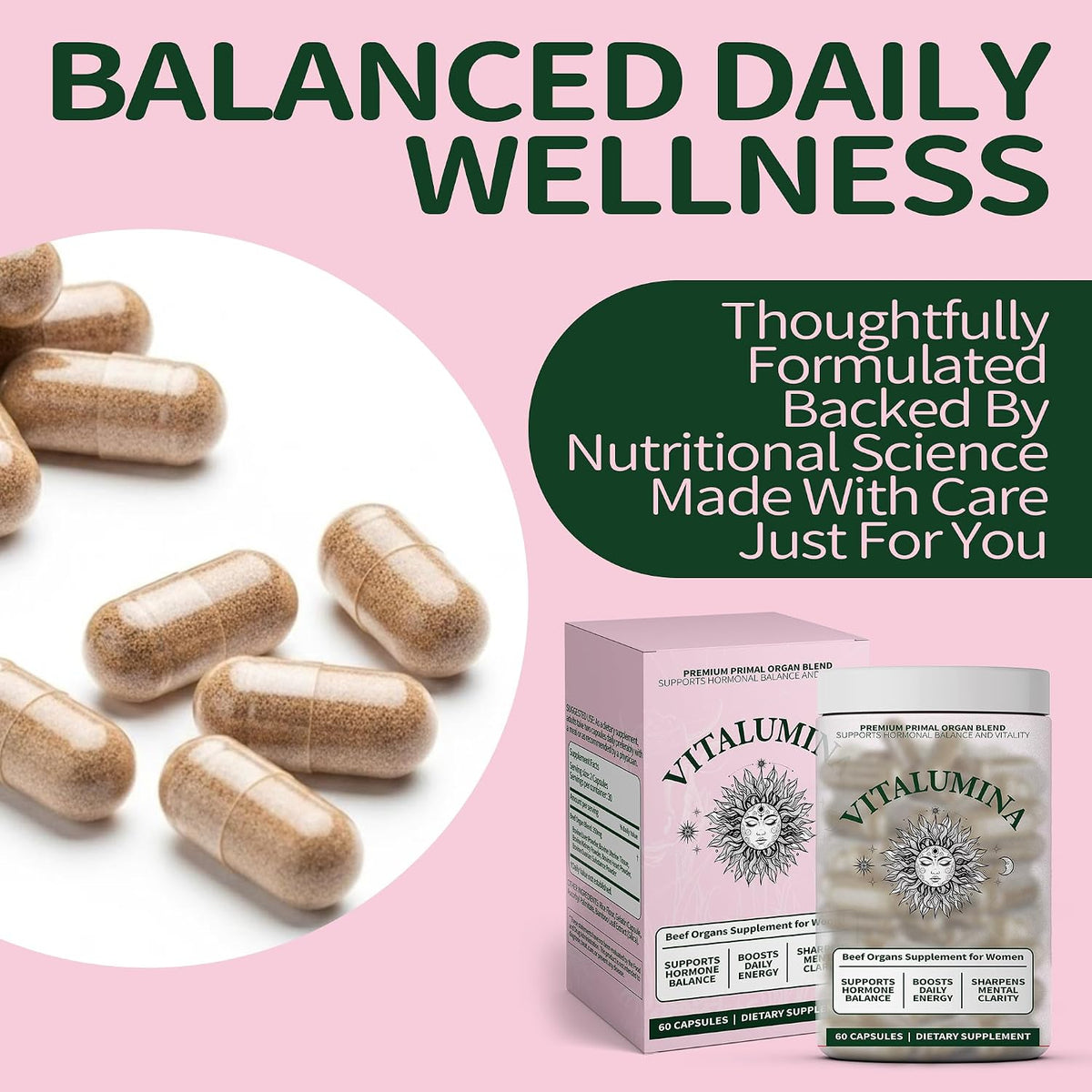 Primal Beef Organ Supplement for Women – Grass-Fed Beef Liver, Heart & Kidney Capsules – Traditional Ancestral Nutrition for Daily Vitality & Mental Clarity – Non-GMO, Gluten-Free – 60 Capsules