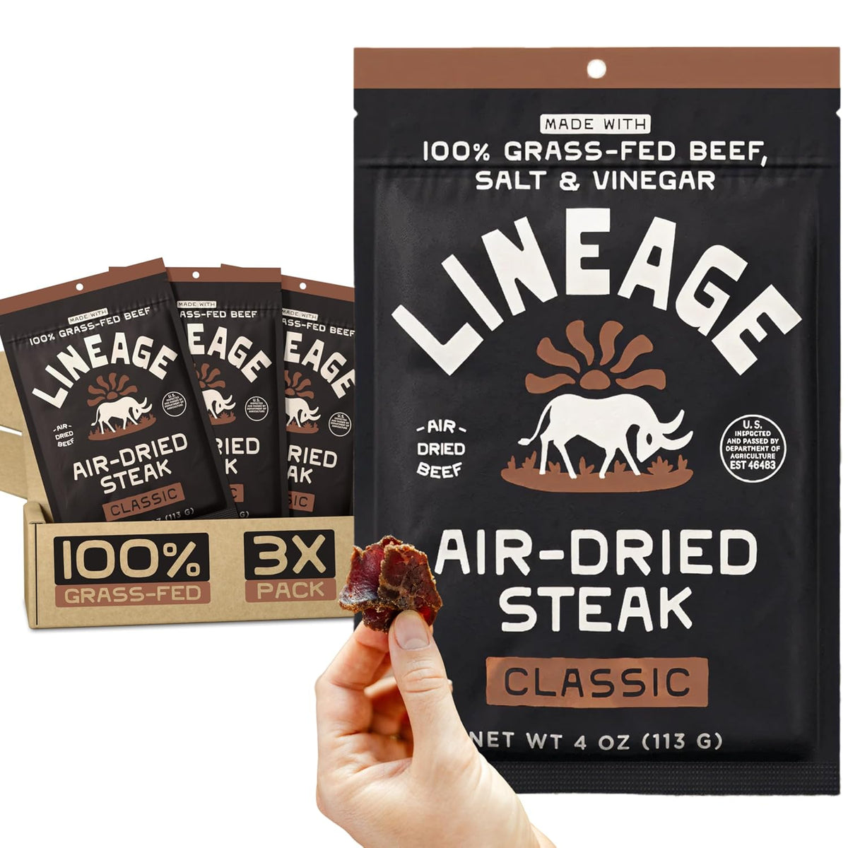 Lineage Provisions Air-Dried Steak Jerky Bites, 3-Pack | 100% grass fed nutrient-dense carnivore snacks, keto-friendly steak jerky with zero sugar, zero carbs & high protein snack.