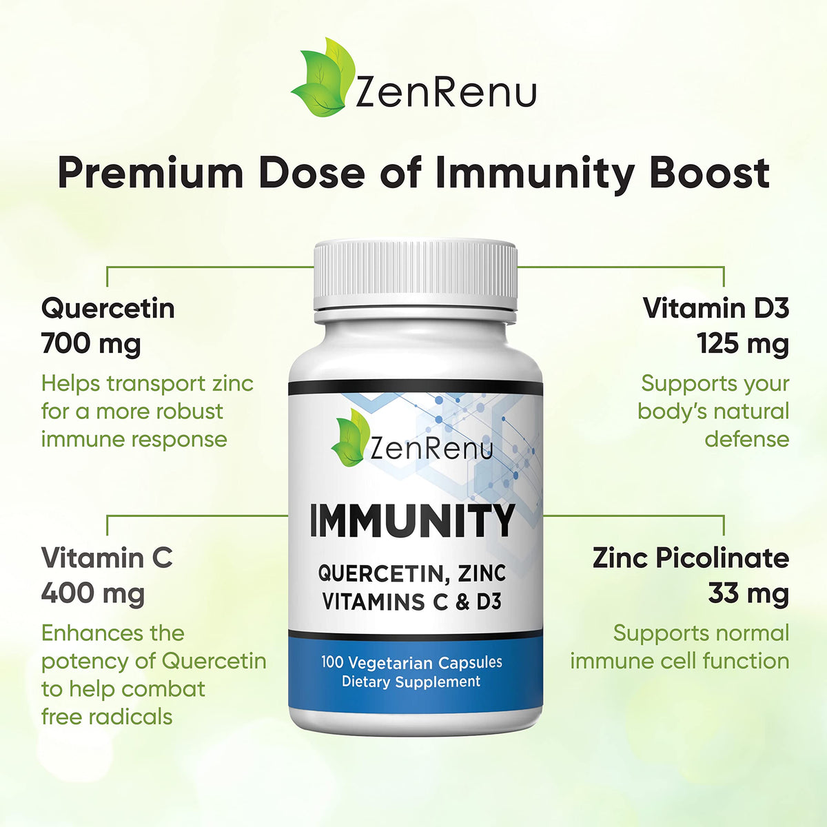 Zenrenu Immunity Quercetin 700 mg Zinc Vitamin C Vitamin D Immune Support Supplement with Curcumin - Easy to Absorb Immunity Supplement, 100 Vegetarian Capsules 50 Day Supply ZenrenuBuy Supplements Australia