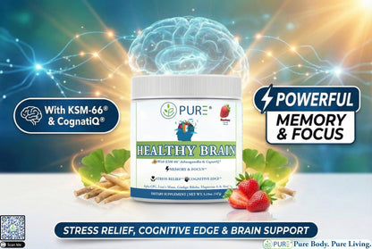 PURE® Healthy Brain Nootropic Powder - 30 Servings - 1.25g Lion’s Mane, 600mg Alpha-GPC & KSM-66® Ashwagandha - Cognitive Support for Memory, Focus & Stress Relief - 144 Grams, Mango Flavor!