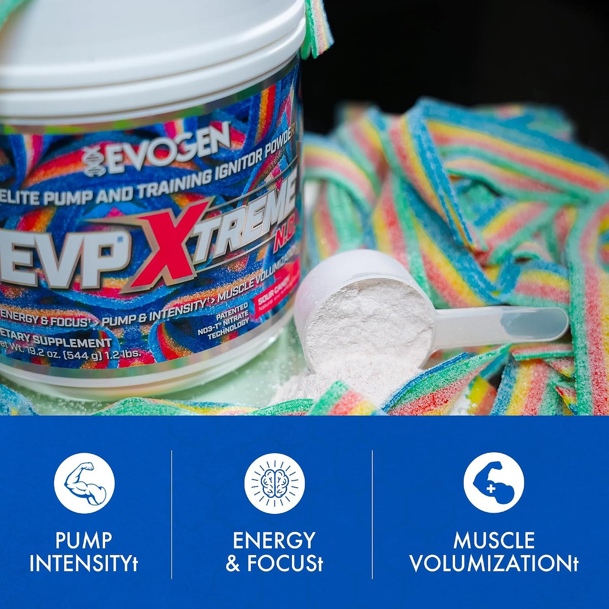 Evogen EVP Xtreme NO Pre-Workout for Men & Women | Sour Candy | 40 Servings | Arginine nitrate, L-citrulline, beta-alanine, creatine and coconut water; caffeine and yohimbe for energy and pumps