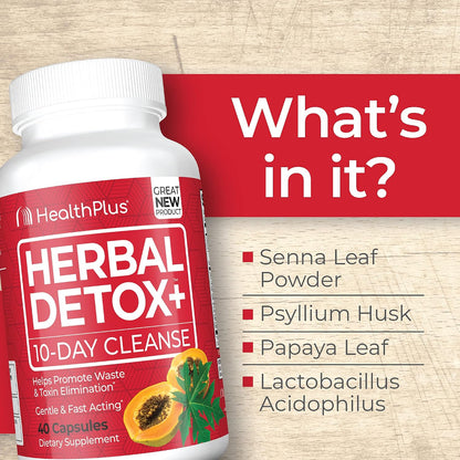 Health Plus Herbal Detox+ (10-Day Cleanse) 40 Capsules, 20 Servings | Herbal 10-day cleanse formula; supports the body's natural detoxification processes and everyday digestive wellness